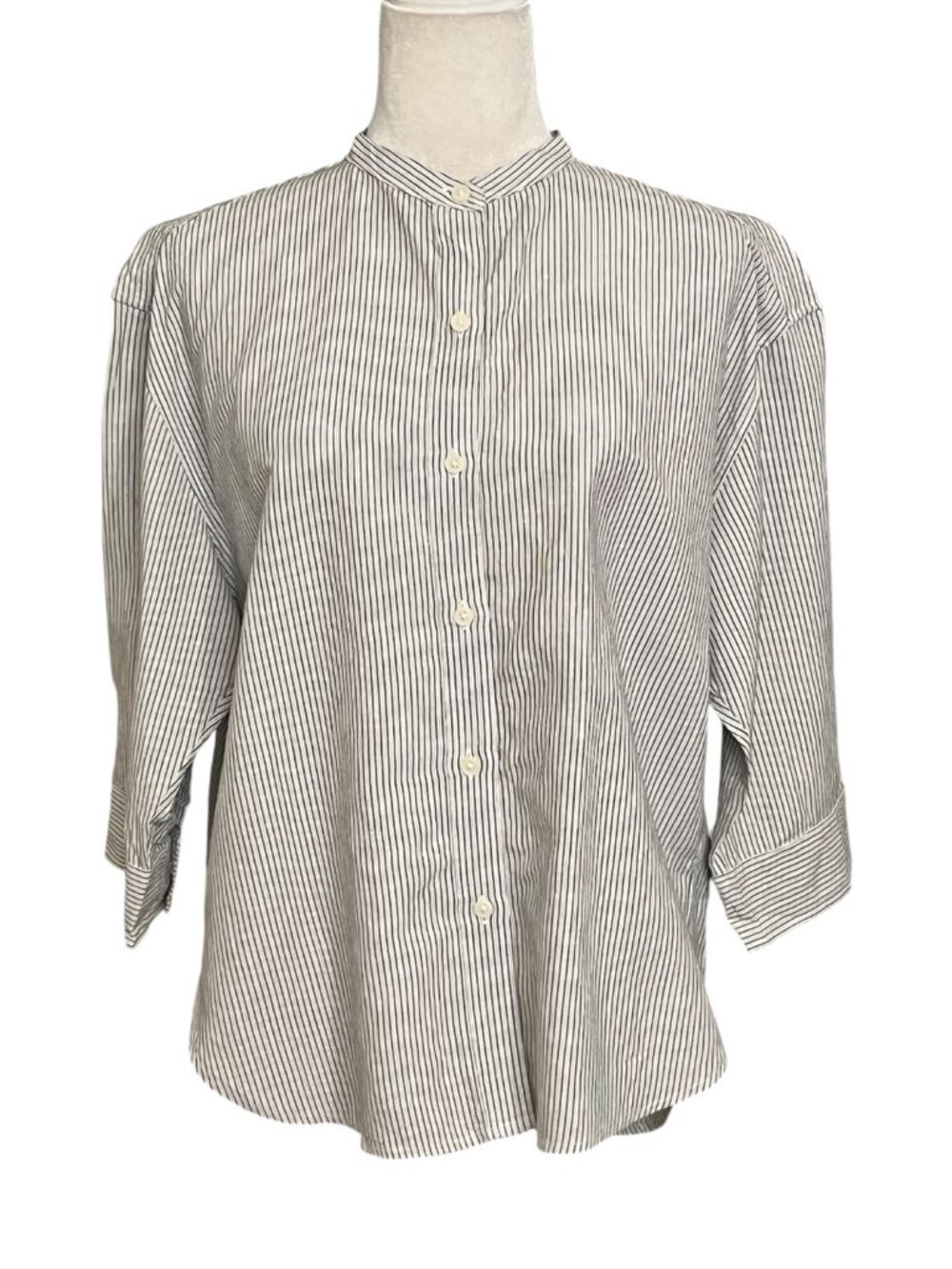 UNIQLO Women M Striped Band Collar Linen Blend Shirt Tunic Relaxed Oversized
